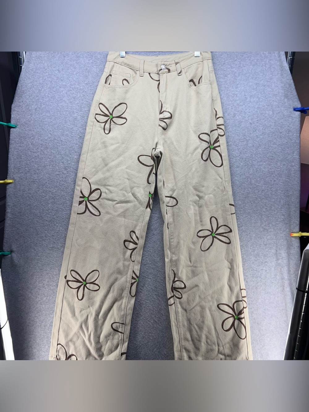 SHEIN Beige Wide-Leg Jeans with Brown Floral Outlines and Green Centers